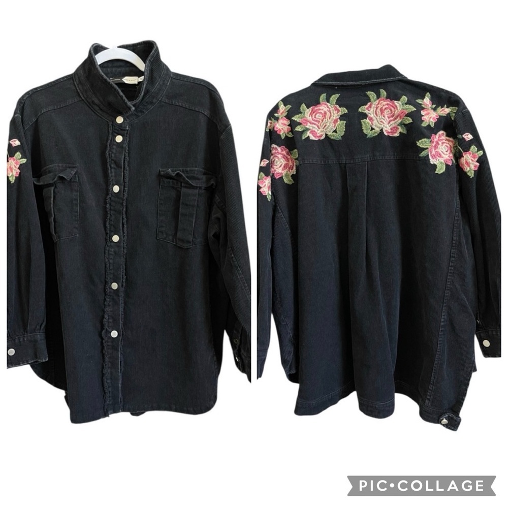 Piper & Scoot Black Corduroy Shirt Jacket Rose Floral Embroidery Snap Buttons L
